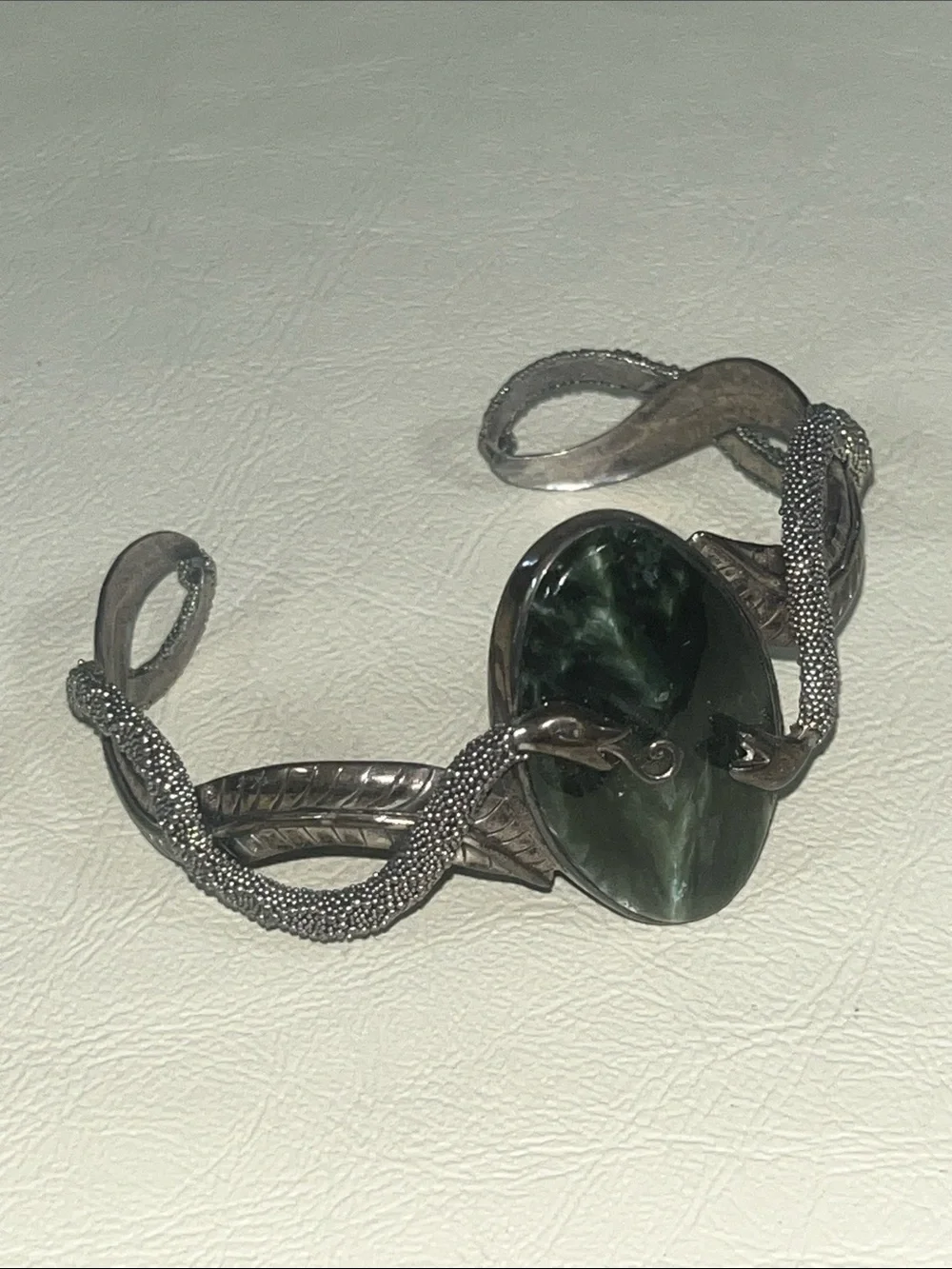Sajen 925 Silver Cuff Dual Snake Bracelet with Deep Green Oval Stone
